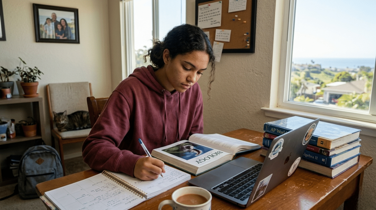 Student preparing for college academics with organized study setup in San Diego