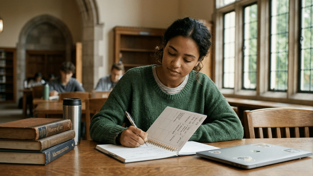 Student planning weekly schedule to stay organized and succeed in college