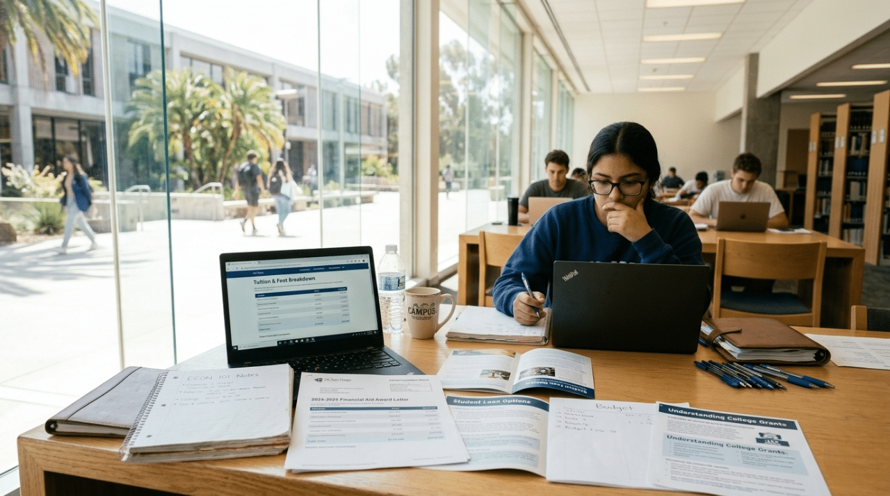 College student analyzing financial aid documents and budgeting education costs