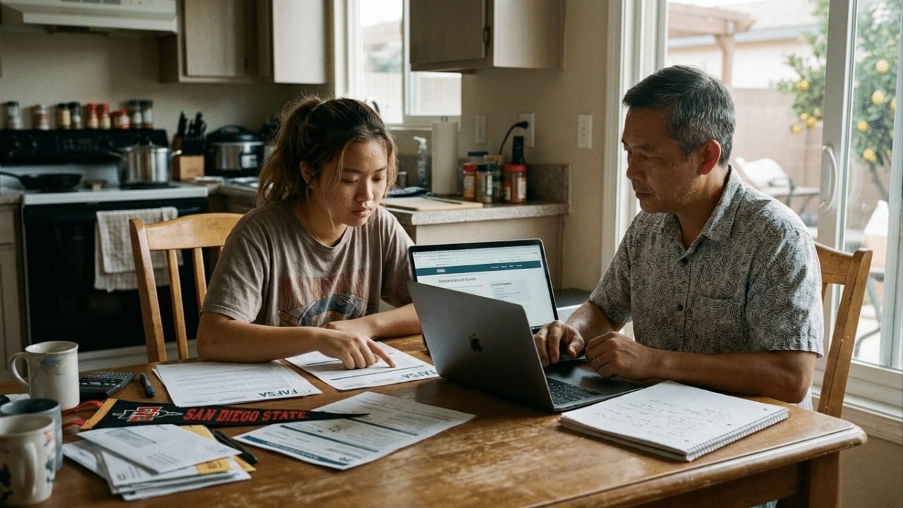 Parent and student reviewing college financial aid documents and scholarship options at home.