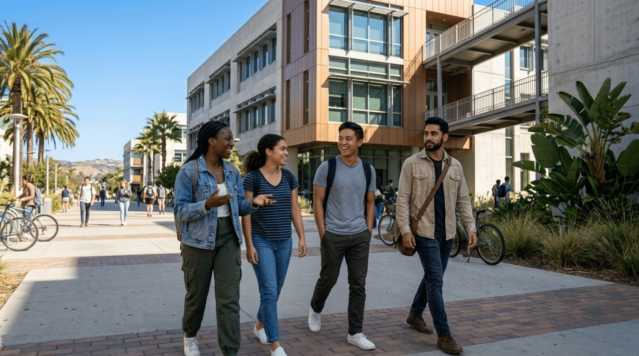 College students enjoying campus life at a Southern California university