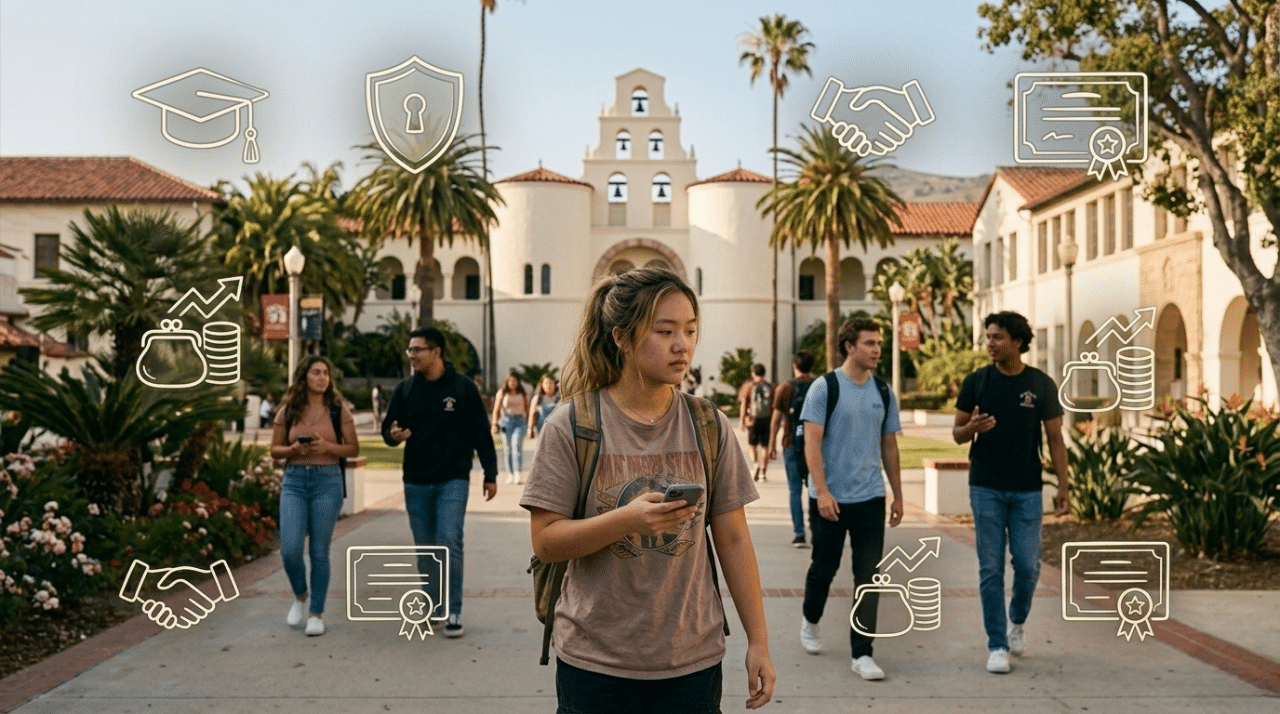 Students walking on a San Diego college campus representing scholarship and financial aid opportunities.