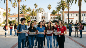 High school students touring a Southern California university campus while exploring college options.