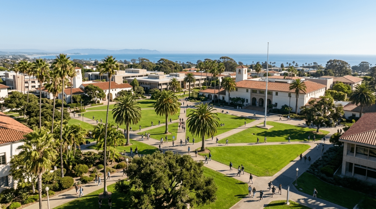 Students walking through a sunny Southern California university campus