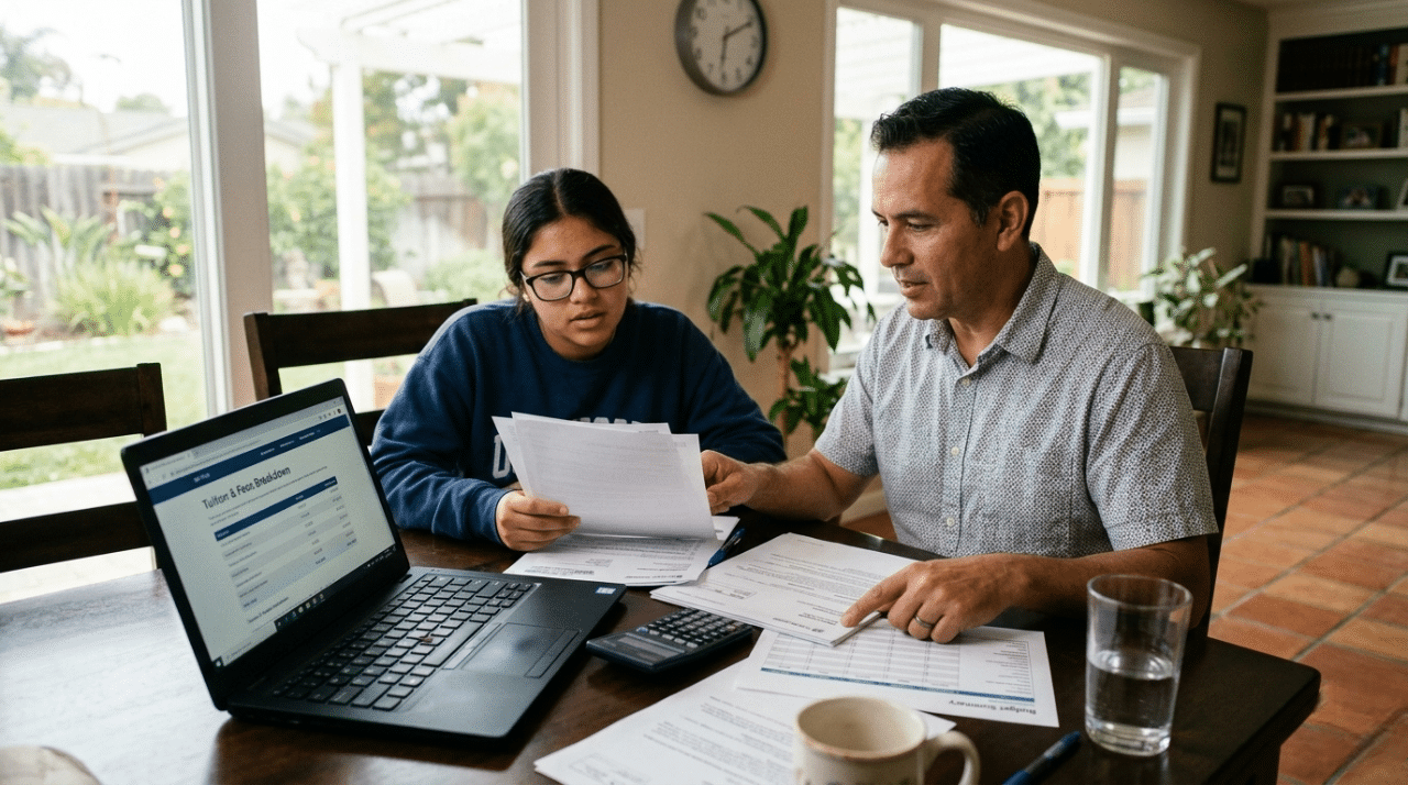 Family reviewing college costs and student loan options at home in San Diego