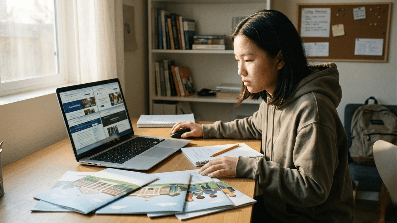 Student researching universities online while comparing college options and campuses