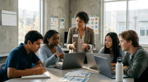 Students planning college applications with guidance using organized planner system