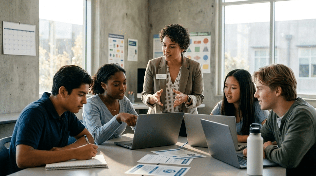 Students planning college applications with guidance using organized planner system