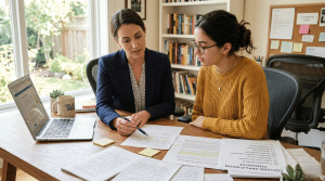 Advisor giving detailed feedback on college application essays during review session