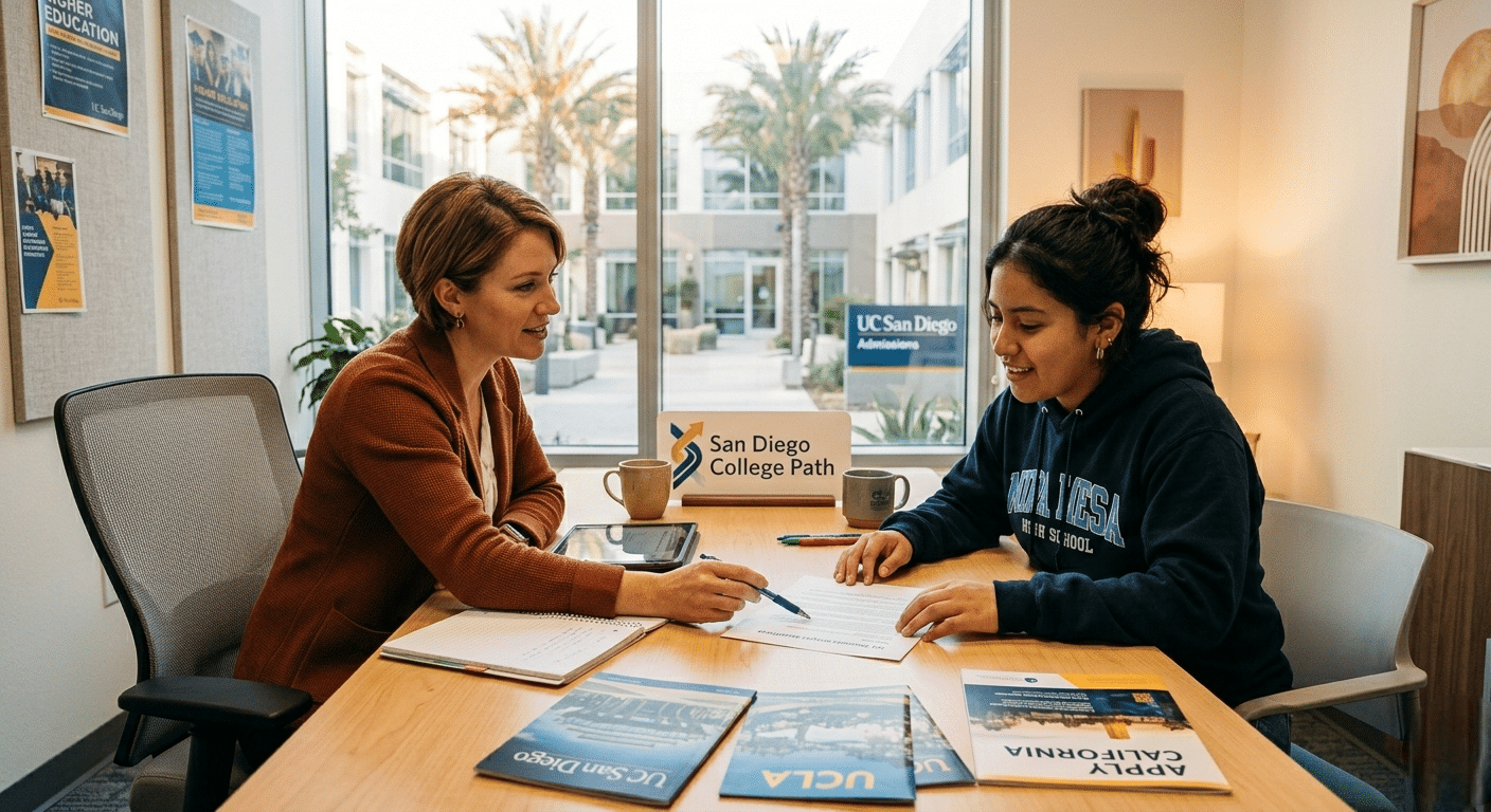 College advisor helping student refine application essays for California universities