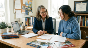 Student receiving personalized guidance on college application essays from an advisor