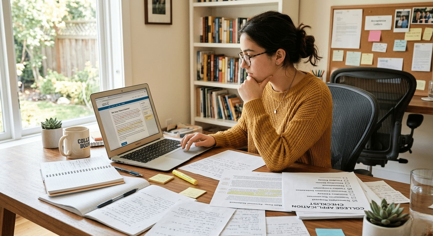 Student reviewing and editing college application essay before submission in a study space