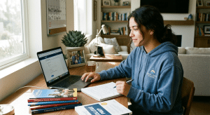 Student in San Diego preparing a college application with organized notes and laptop