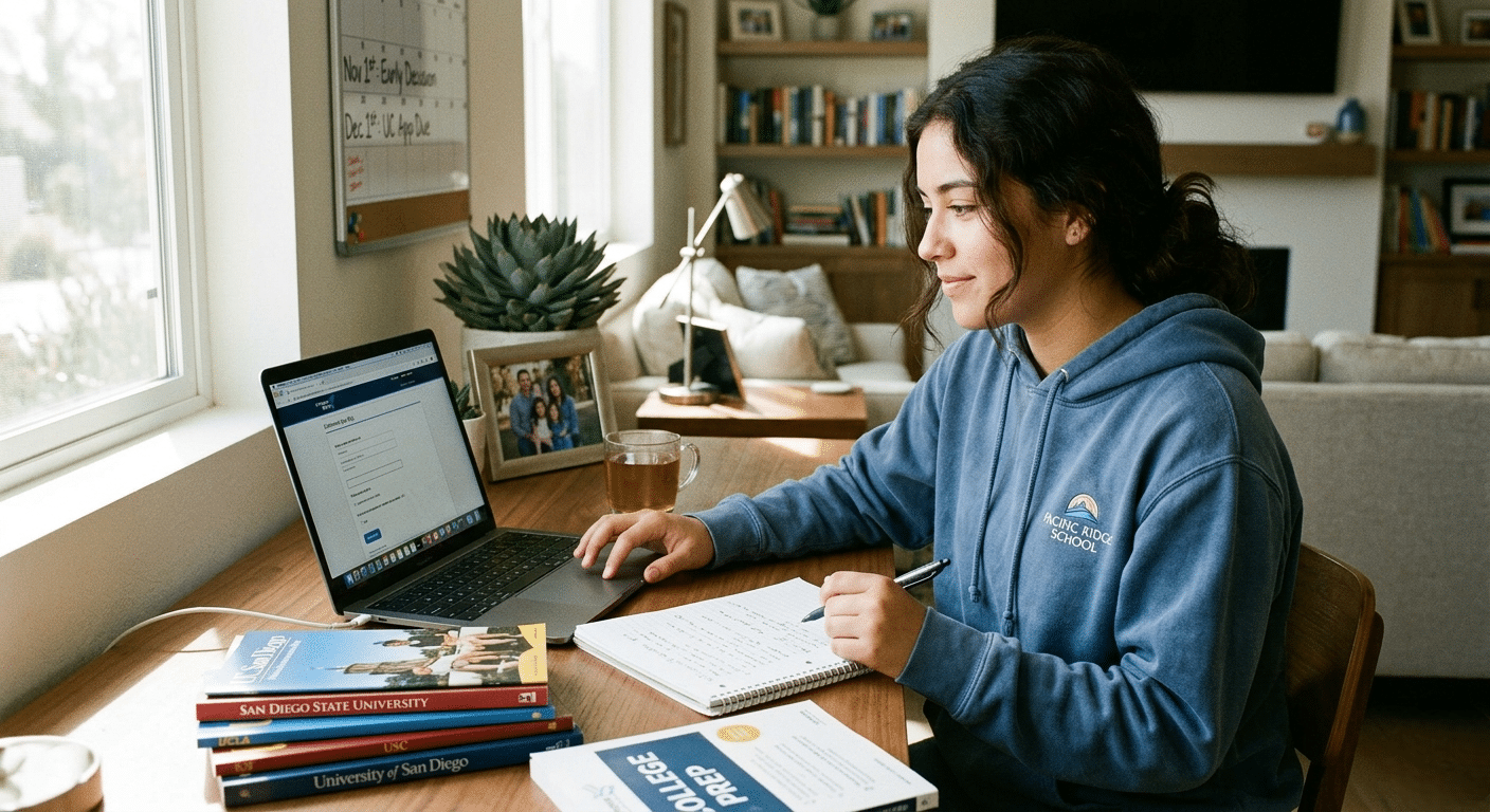 Student in San Diego preparing a college application with organized notes and laptop