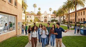 Students touring a Southern California college campus while exploring future education opportunities