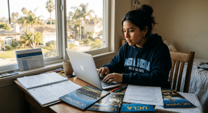 Student in San Diego preparing a University of California application with focused study setup