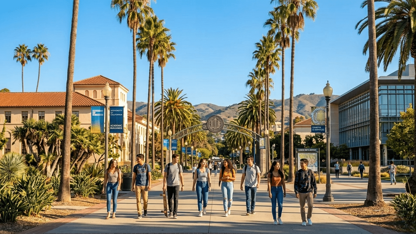 Students walking across a University of California campus in a sunny Southern California setting