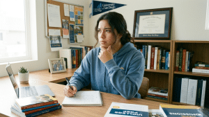 Student writing a personal statement essay for college admissions at a desk