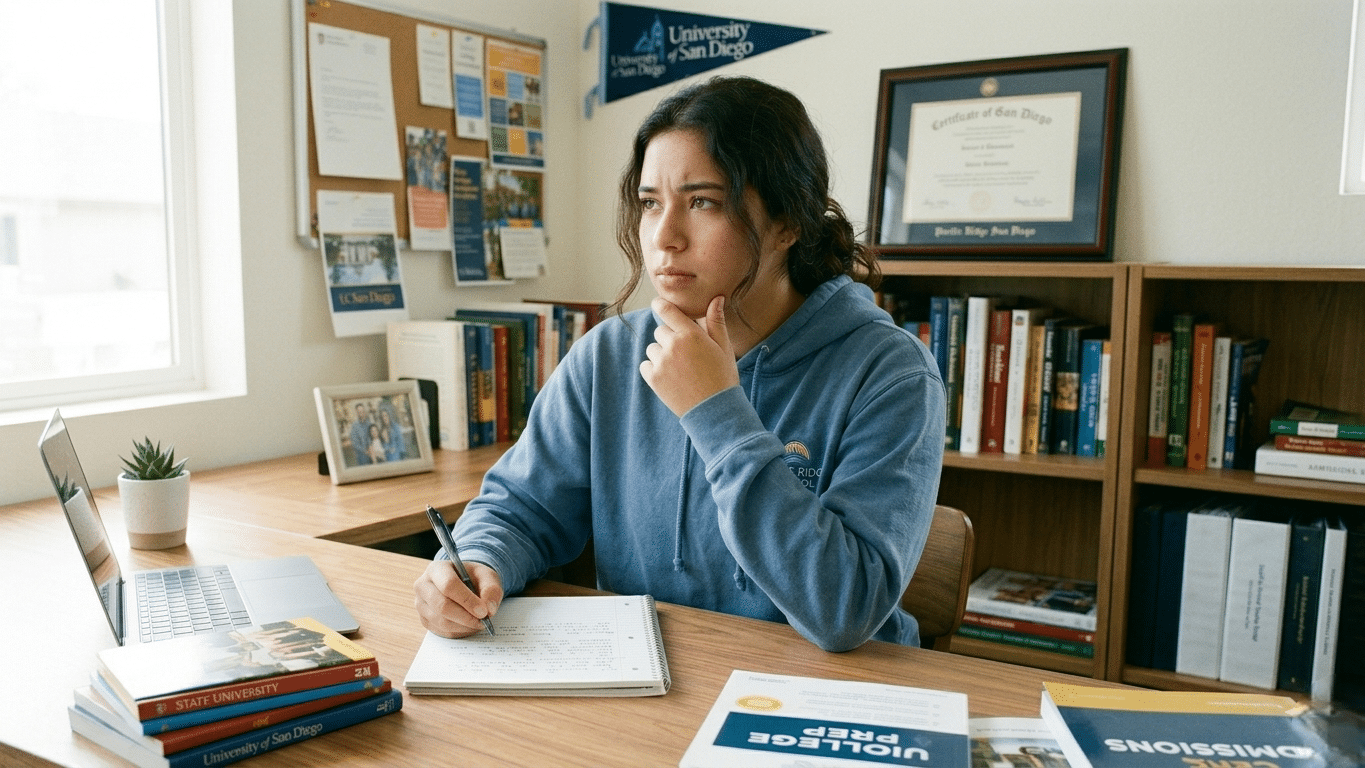 Student writing a personal statement essay for college admissions at a desk
