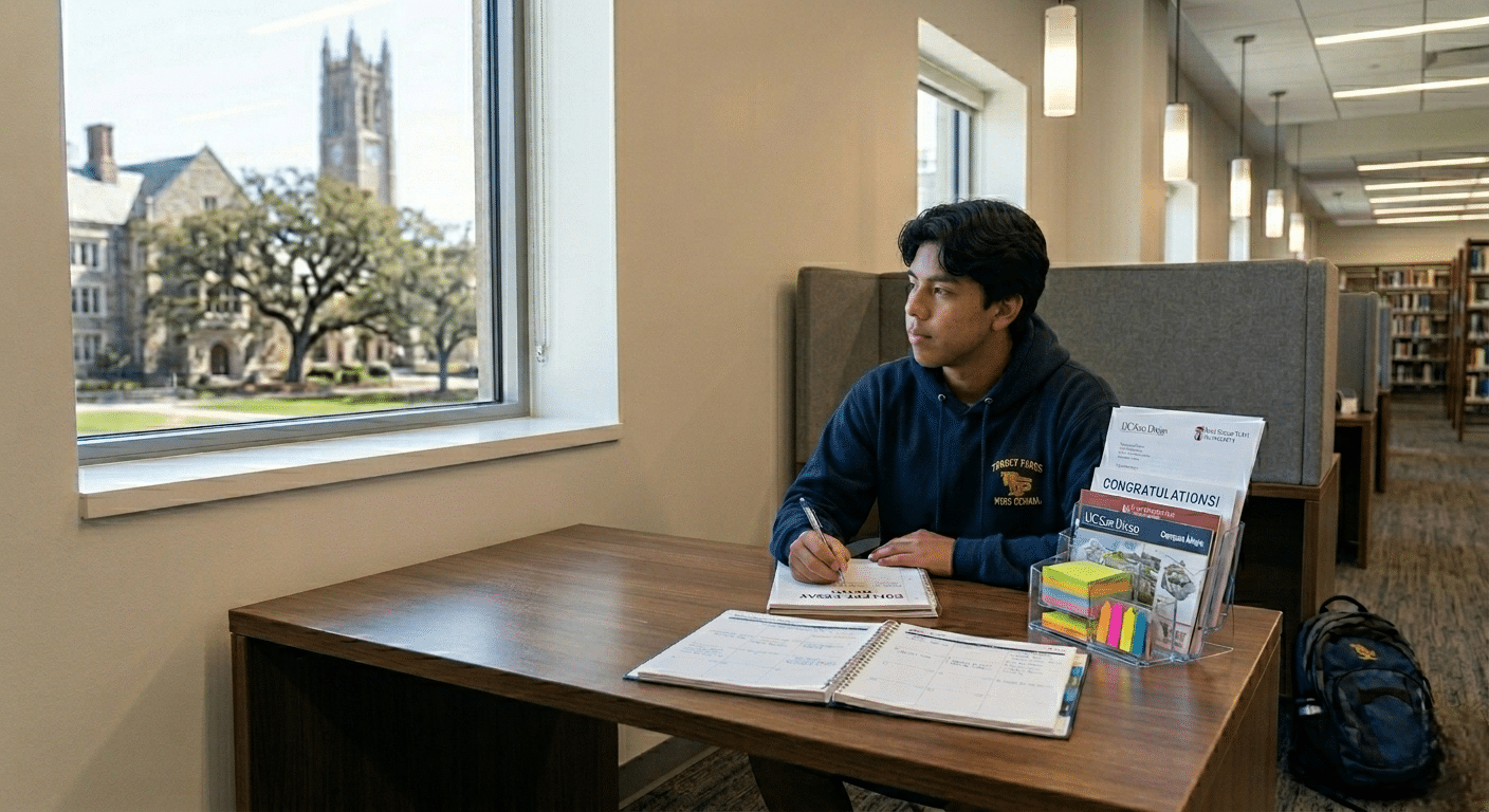 Southern California student organizing college applications, essays, and academic planning materials for future success.
