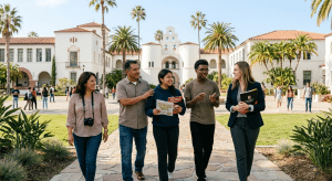 Student and family exploring a California university campus while planning future college goals and admissions success.