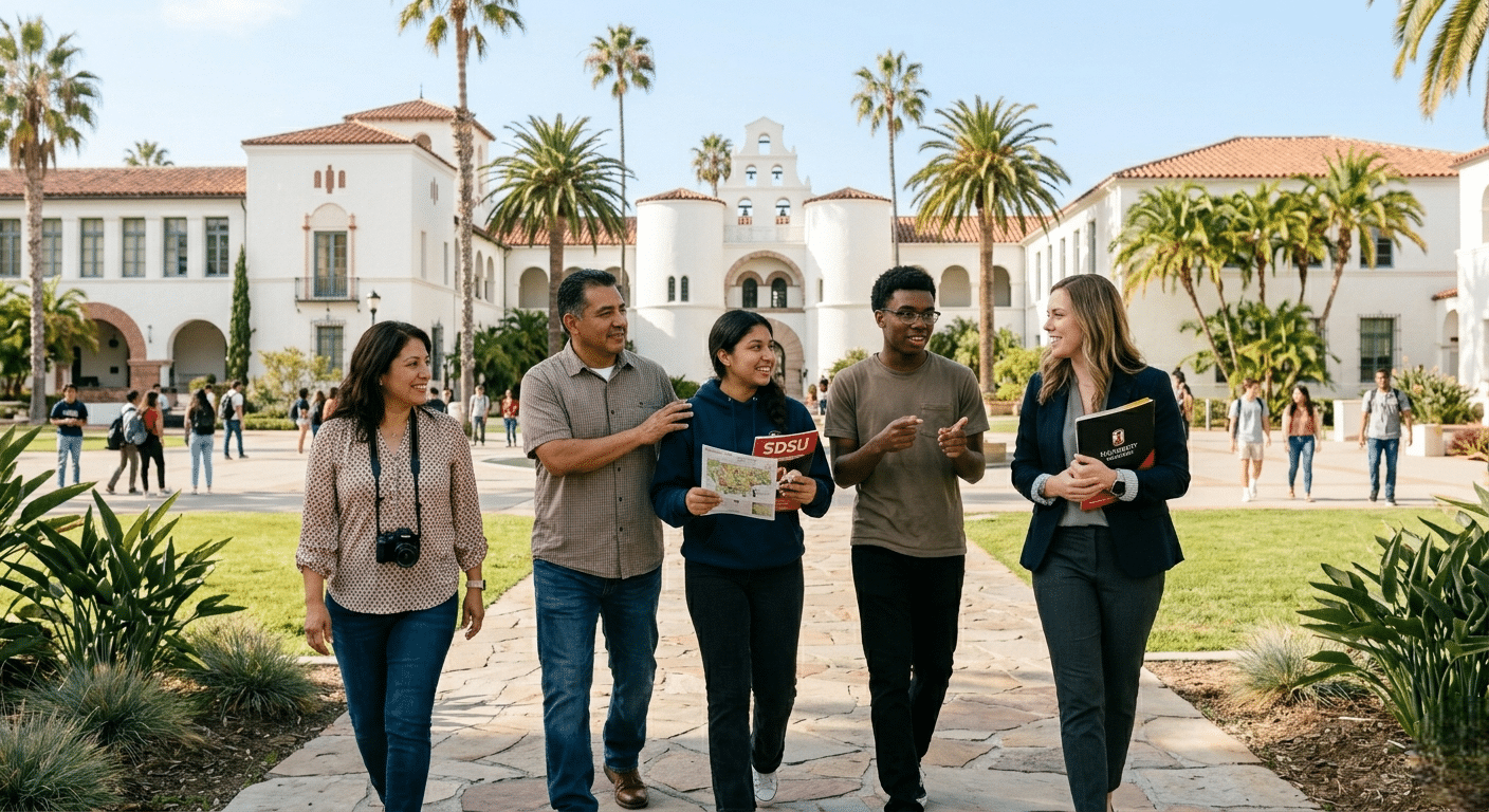 Student and family exploring a California university campus while planning future college goals and admissions success.