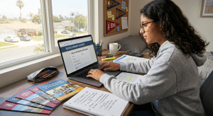 Student using college funding services for scholarship research and FAFSA financial aid planning