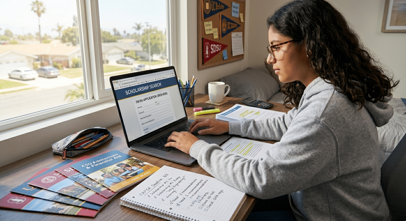 Student using college funding services for scholarship research and FAFSA financial aid planning