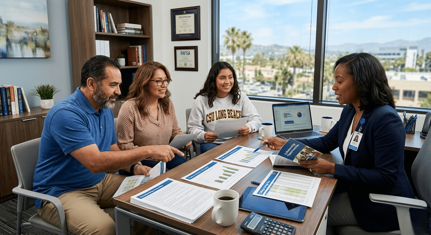 Family using college funding services to review scholarships and financial planning options in Southern California
