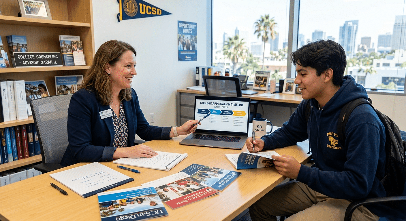 Student receiving college plan consulting guidance in San Diego while reviewing college applications and scholarship opportunities.