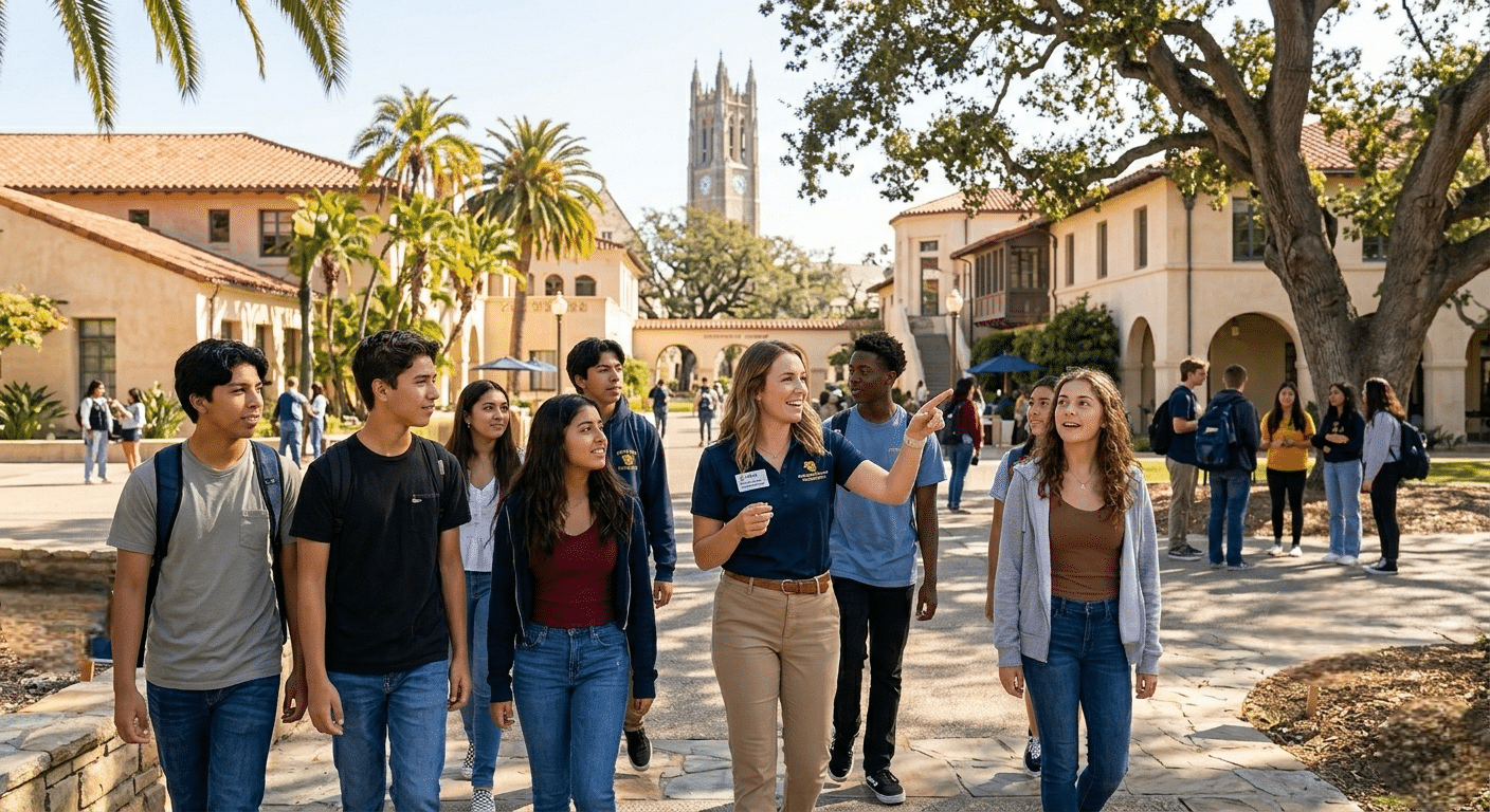 Students exploring California university options during a guided college planning and campus tour experience.