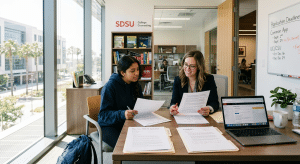 Student receiving college prep coaching in San Diego while reviewing college applications and essays with an academic advisor.