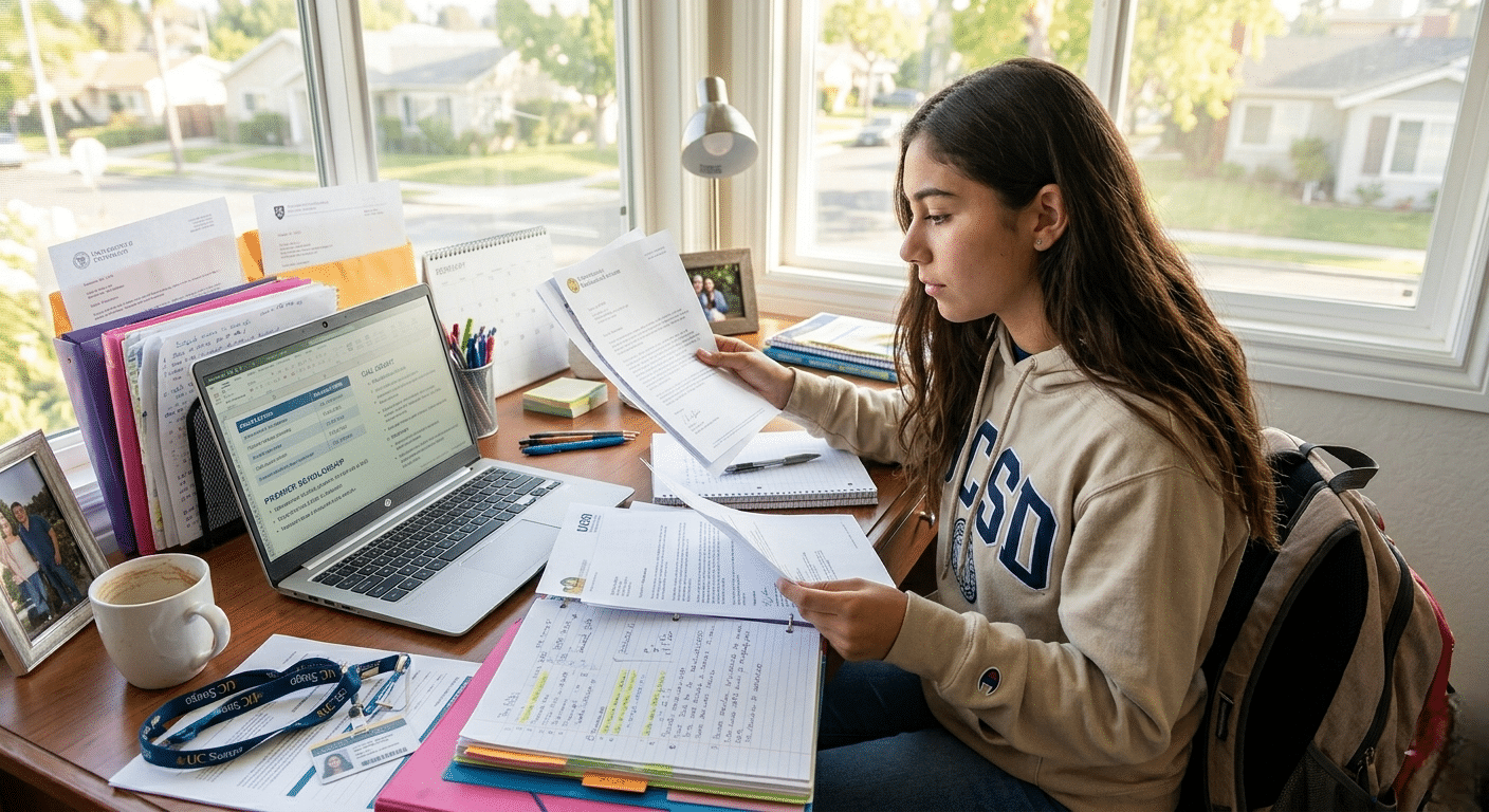 Student organizing scholarship applications and college financial aid paperwork for tuition savings