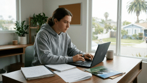 Student receiving scholarship application help while writing a college essay in San Diego.