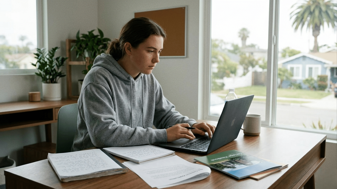 Student receiving scholarship application help while writing a college essay in San Diego.