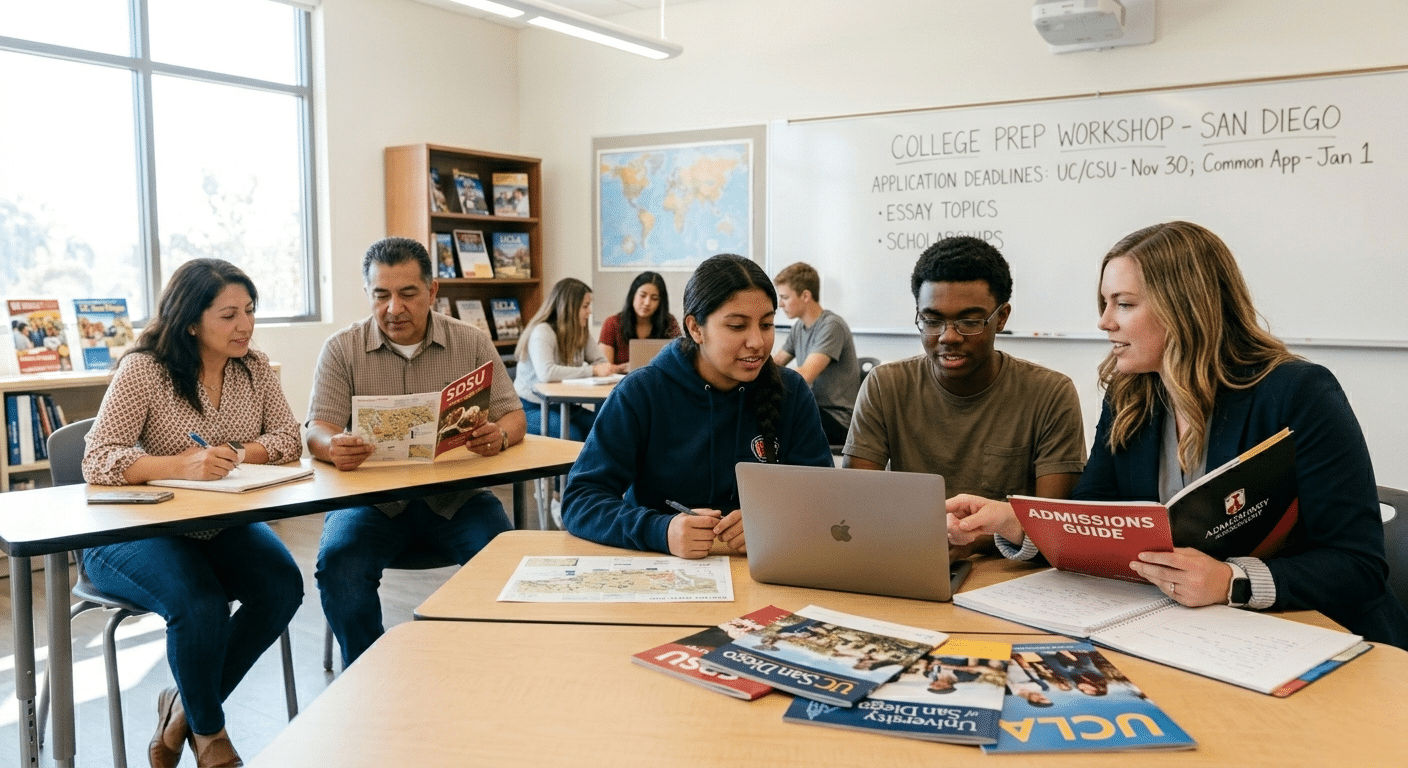 Southern California students preparing college essays and applications during an academic planning session.