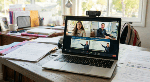 Virtual meeting with a college aid consultant discussing tuition and scholarship options