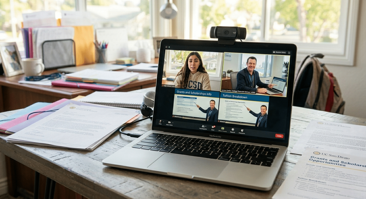 Virtual meeting with a college aid consultant discussing tuition and scholarship options