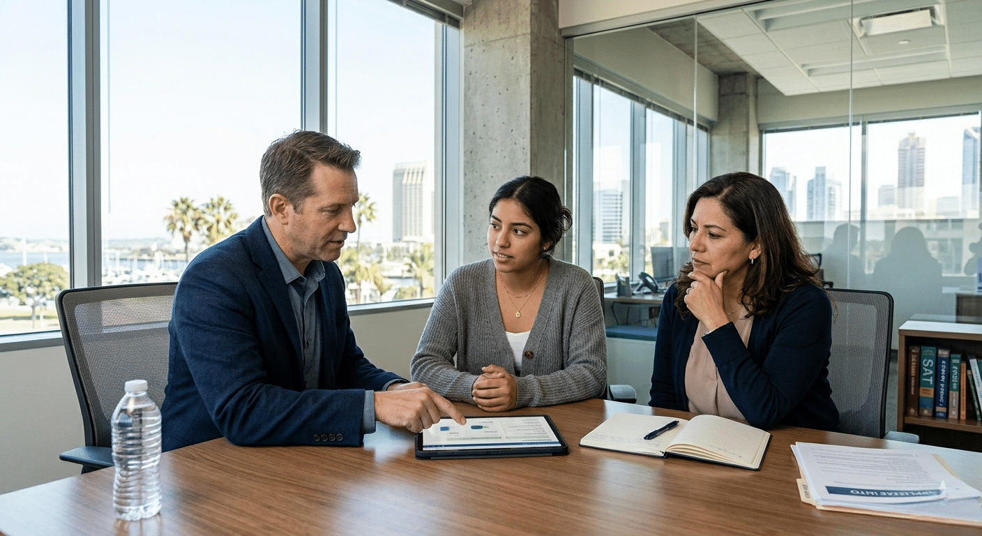 College advisor helping a student and parent develop a personalized admissions strategy for college applications.