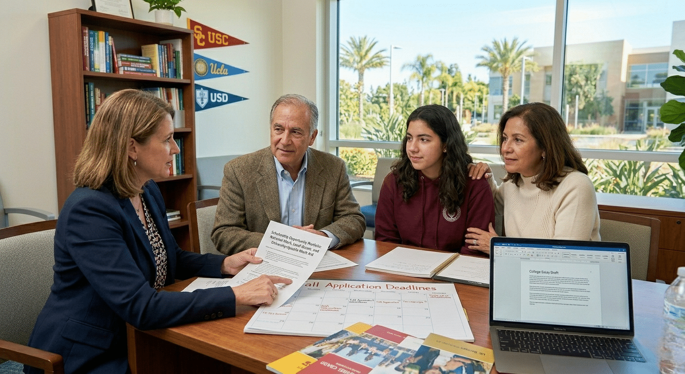 Family receiving professional college admissions guidance and scholarship planning support from an educational consultant.