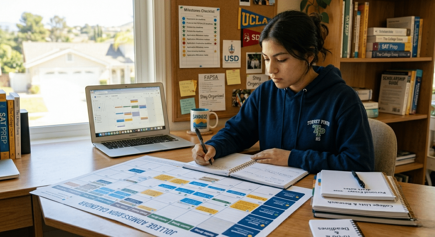 Organized admissions calendar showing key college application, scholarship, and financial aid deadlines.