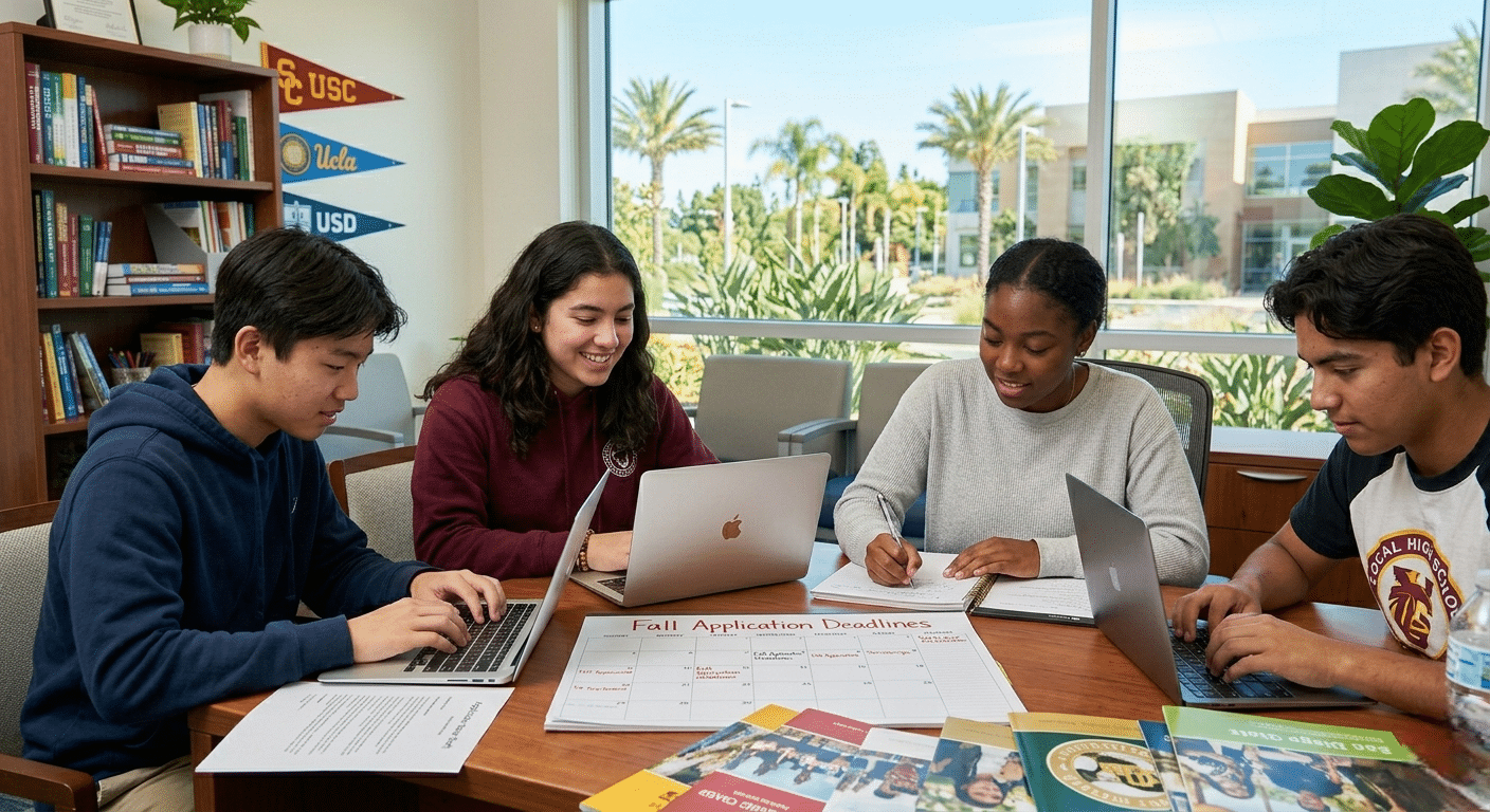 High school students preparing college applications with organized planning materials and academic guidance.