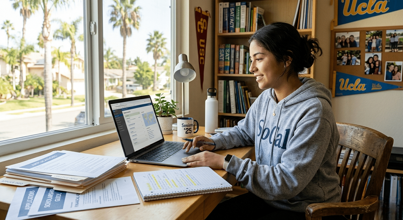 Student using college entrance support resources while preparing college applications and researching universities.