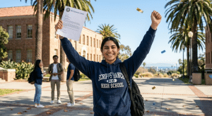College-ready student celebrating admissions success after receiving expert college preparation guidance.
