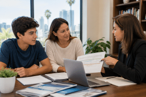 College advisor meeting with a San Diego student and parent to discuss admissions, applications, and college planning.