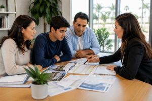 Family in San Diego discussing college options, financial considerations, academic goals, and future career pathways with an education advisor.