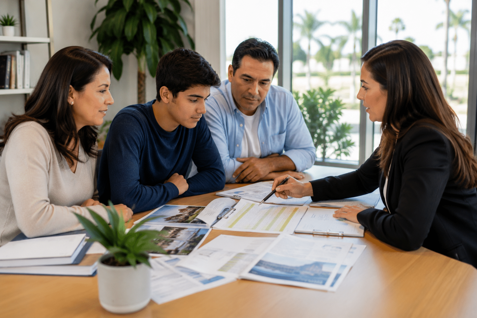 Family in San Diego discussing college options, financial considerations, academic goals, and future career pathways with an education advisor.