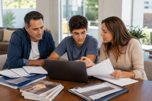 Southern California family comparing college choices, financial aid, scholarships, and admissions options together.