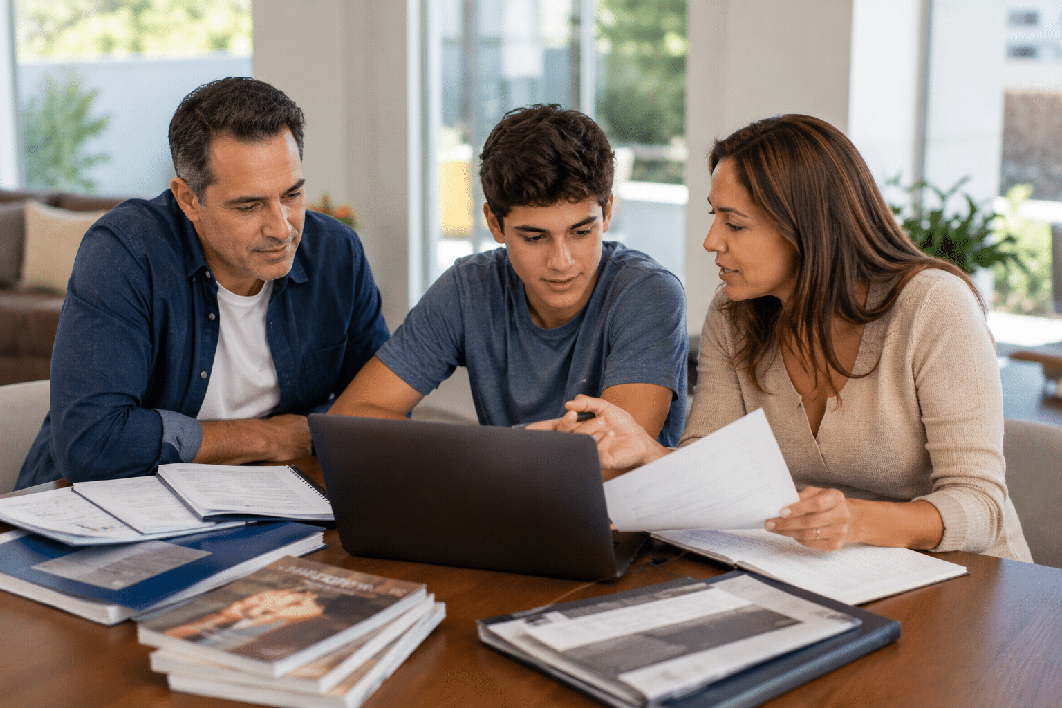 Southern California family comparing college choices, financial aid, scholarships, and admissions options together.