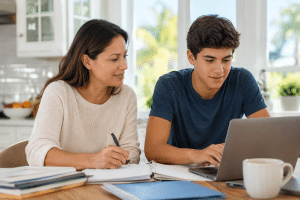 Parent and teen reviewing college applications together with professional admissions planning support in San Diego.